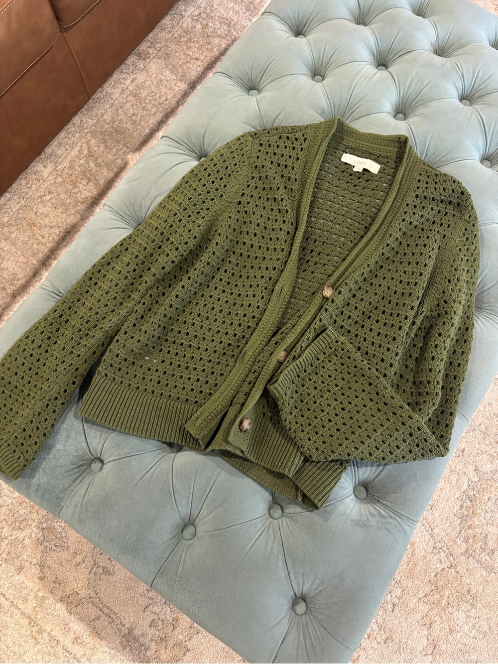 LOFT Olive Open-Knit Button-Front Cardigan